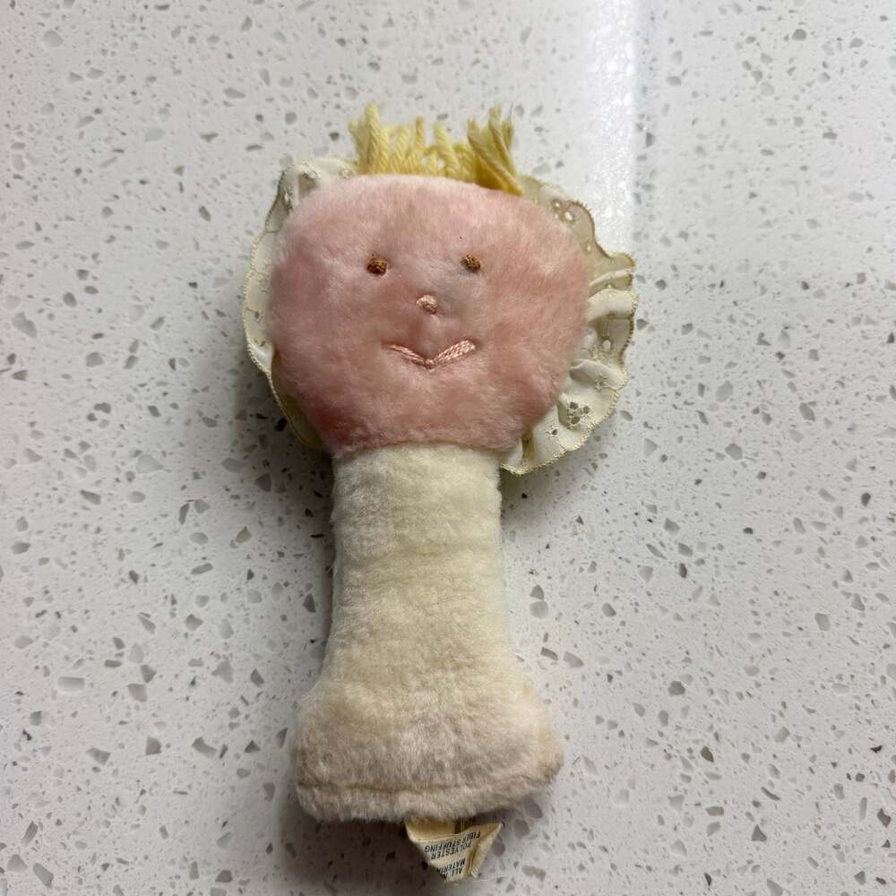 Vintage Eden Toys Plush Baby Rattle Doll with Lace Ruffle and Floral Back